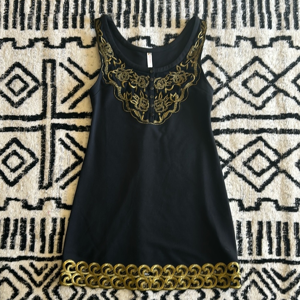 Free People Black & Gold Sleeveless Mini Cotton Tunic Sheath Dress Size 2